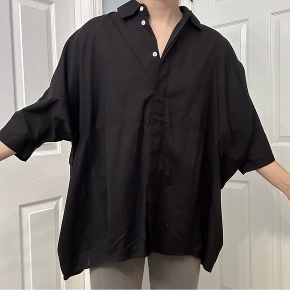 RHODE Shirt Button Down Black Cotton Oversized Lagenlook Size Extra Small - Picture 2 of 8